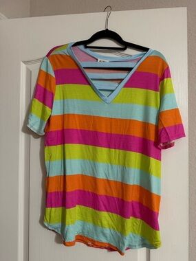 BiBi Bright Multicolor Striped V-Neck Short Sleeve Tee - XL